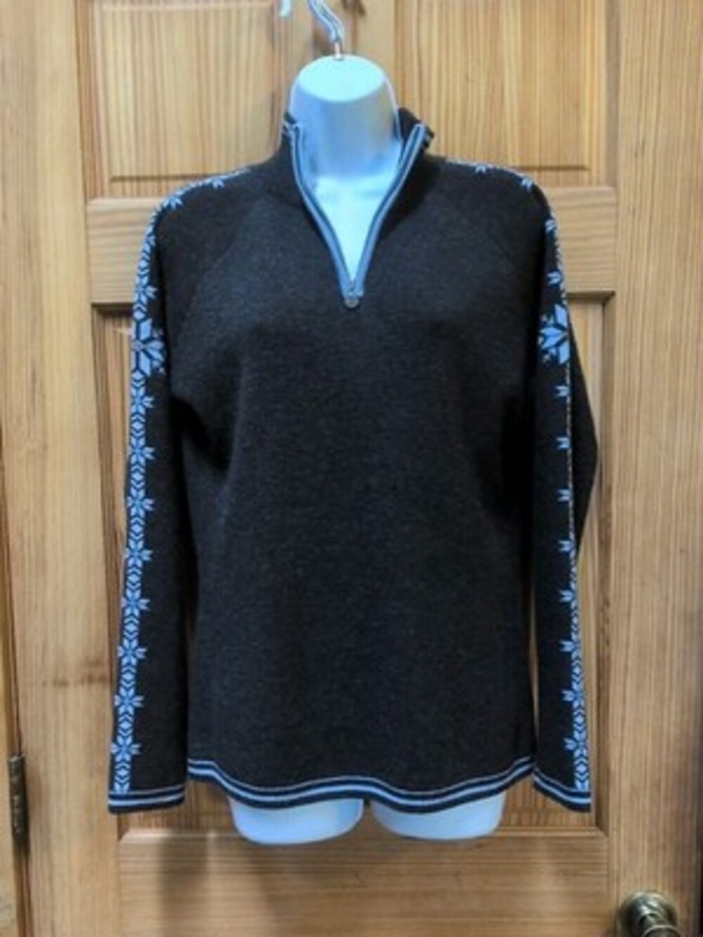 Neve Sweater Women L Snowflake Fair Isle Nordic 1/4 Zip Wool Ski Lodge 100% Wool